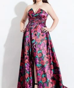 Rachel Allan Curves - 6331 Floral Printed Strapless Gown