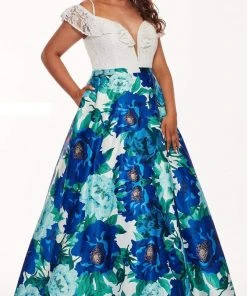 Rachel Allan Curves - 6672 Plunging Off-Shoulder Floral Ballgown
