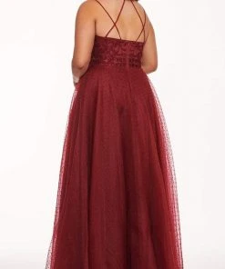 Formal Gowns Rachel Allan Curves - 6680 Beaded V-Neck Pleated Gown With Slit 5 Formal Gowns Rachel Allan Curves - 6680 Beaded V-Neck Pleated Gown With Slit