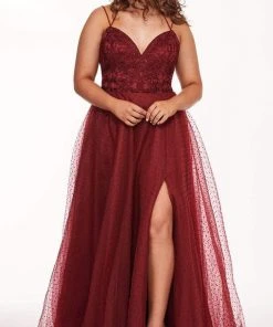 Formal Gowns Rachel Allan Curves - 6680 Beaded V-Neck Pleated Gown With Slit
