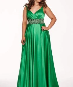 Formal Gowns Rachel Allan Curves - 6681 Beaded V-neck Stretch Satin A-line Dress