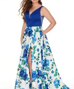 Rachel Allan Curves - 7217 V-Neck Floral High-Slit A-Line Dress