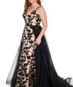 Rachel Allan Curves - 7228 V-Neckline Embellished A-Line Dress