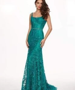 Rachel Allan - Embroidered Lace Scoop Neck Gown 6590 - 1 Pc Deep Jade In Size 10 Available