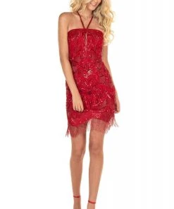 Rachel Allan Homecoming - 4010 Sequined Halter Fringe Cocktail Dress