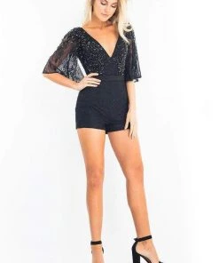 Rachel Allan LBD - L1198 Embellished Lace Plunging V-neck Romper