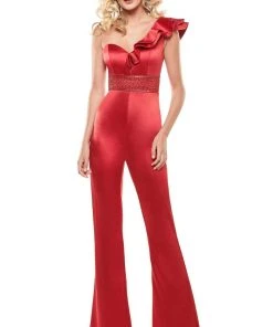 Rachel Allan LBD - L1238 Embellished Ruffled One Shoulder Jumpsuit