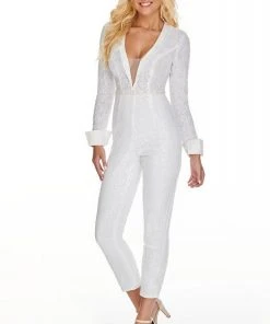 Plus Size Dresses Rachel Allan LBD - L1279 Sequined Plunging Tuxedo Jumpsuit