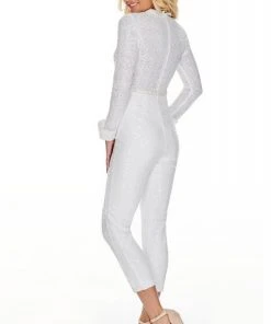 Plus Size Dresses Rachel Allan LBD - L1279 Sequined Plunging Tuxedo Jumpsuit