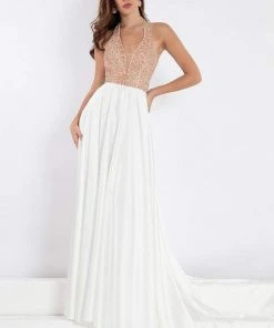 Formal Gowns Rachel Allan Prima Donna - 5013 Plunging Halter Beaded Evening Gown