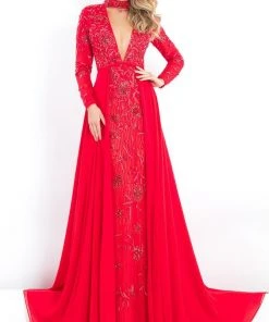 Rachel Allan Prima Donna - 5986 Long-Sleeve Choker Gown With Overskirt