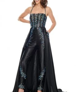 Formal Gowns Rachel Allan Prom - 7012 Embellished Halter Jumpsuit With Overlay