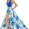 Rachel Allan Prom - 7021 Plunging Neck Floral High Slit Gown 1 Rachel Allan Prom - 7021 Plunging Neck Floral High Slit Gown