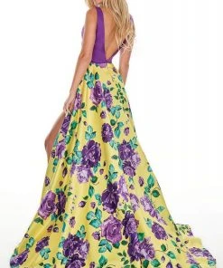 Rachel Allan Prom - 7021 Plunging Neck Floral High Slit Gown