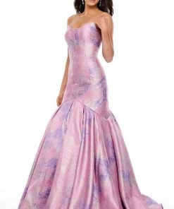 Rachel Allan Prom - 7032 Strapless Metallic Jacquard Trumpet Gown Formal Gowns