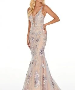 Rachel Allan Prom - 7036 Bedazzled Deep V-Neck Trumpet Dress