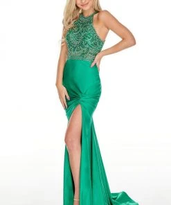 Rachel Allan Prom - 7053 Embellished Halter Dress With Slit Formal Gowns