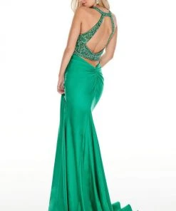 Rachel Allan Prom - 7053 Embellished Halter Dress With Slit Formal Gowns