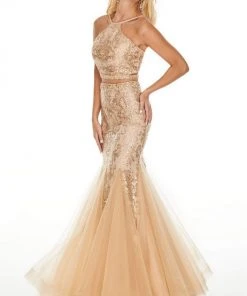 Rachel Allan Prom - 7057 Two Piece Embroidered Halter Mermaid Dress