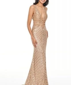 Rachel Allan Prom - 7067 Plunging V-Neck Sparkly Sheath Dress Formal Gowns