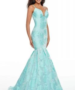 Rachel Allan Prom - 7087 Plunging Organza Jacquard Mermaid Gown