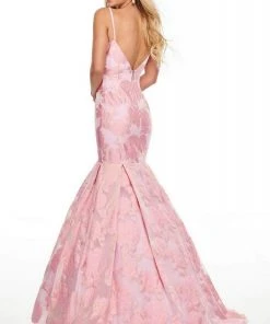 Rachel Allan Prom - 7087 Plunging Organza Jacquard Mermaid Gown