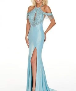 Formal Gowns Rachel Allan Prom - 7091 Beaded Halter Jersey Trumpet Dress