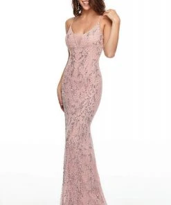 Formal Gowns Rachel Allan Prom - 7108 V-Neck Embellished Sequined Sheath Dress