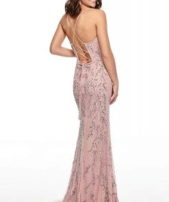 Formal Gowns Rachel Allan Prom - 7108 V-Neck Embellished Sequined Sheath Dress