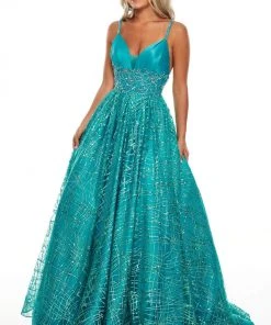 Rachel Allan Prom - 7111 Glitter Tulle Deep V-Neck Ballgown Formal Gowns