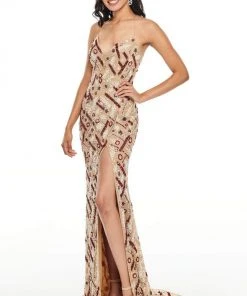 Rachel Allan Prom - 7117 Beaded Tulle V-Neck Sheath Dress Formal Gowns 6 Rachel Allan Prom - 7117 Beaded Tulle V-Neck Sheath Dress Formal Gowns