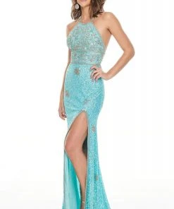 Rachel Allan Prom - 7138 Beaded Tulle Halter Sheath Dress Formal Gowns