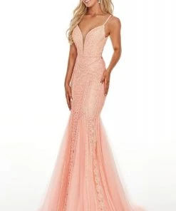 Rachel Allan Prom - 7140 Embellished Deep V-Neck Mermaid Dress Formal Gowns
