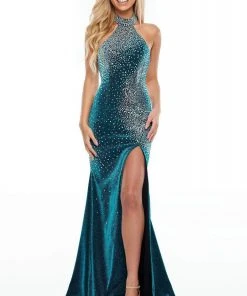 Formal Gowns Rachel Allan Prom - 7197 Halter Shimmer Jersey High Slit Gown