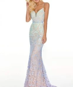Formal Gowns Rachel Allan Prom - 7198 Embroidered Deep V-Neck Trumpet Dress