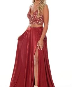 Rachel Allan Prom - 7209 Two Piece Beaded V-Neck Jersey A-Line Gown Formal Gowns