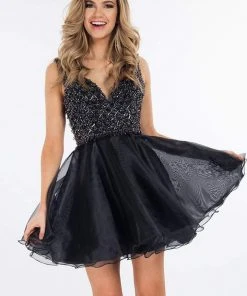 Rachel Allan Short - 4531 Beaded V-neck Organza A-line Dress Cocktail Dresses