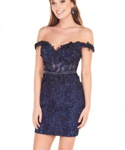 Rachel Allan Shorts - 4065 Off-Shoulder Floral Short Sheath Dress