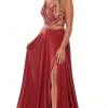 Formal Gowns Rachel Allan - Two Piece Beaded V-Neck Jersey A-Line Gown 7209 - 1 Pc Burgundy In Size 2 Available