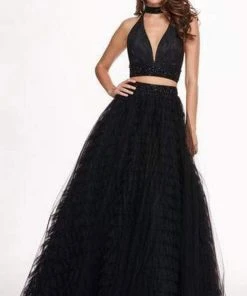 Formal Gowns Rachel Allan - Two Piece Halter Ballgown Ruffles Dress With Choker 6524 - 1 Pc White/Light Blue In Size 4 Available