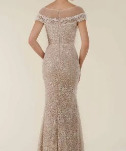 Rina Di Montella - RD2403-1 Lace Applique Illusion Bateau Sheath Gown - 3 Pcs Silver & Nude In Sizes 18 And 20 Available