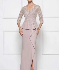 Formal Gowns Rina Di Montella - RD2685 Lace Embroidered V-neck Bodice Sheath Dress With Slit