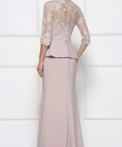 Formal Gowns Rina Di Montella - RD2685 Lace Embroidered V-neck Bodice Sheath Dress With Slit