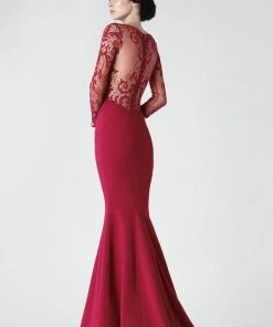 Saiid Kobeisy - 2918 Sheer Long Sleeve Mermaid Evening Gown - 1 Pc Carmine In Size 4 Available