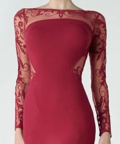 Saiid Kobeisy - 2918 Sheer Long Sleeve Mermaid Evening Gown - 1 Pc Carmine In Size 4 Available