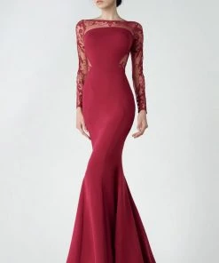 Saiid Kobeisy - 2918 Sheer Long Sleeve Mermaid Evening Gown - 1 Pc Carmine In Size 4 Available