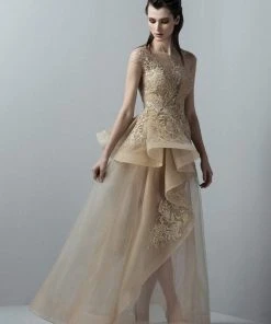 Saiid Kobeisy - 3362 Gold Appliqued Peplum Gown