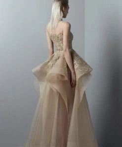 Formal Gowns Saiid Kobeisy - 3363 Gold Appliqued Ruffled Peplum Gown