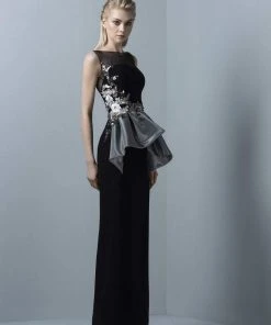 Formal Gowns Saiid Kobeisy - 3378 Floral Applique Sheer Bateau Column Dress