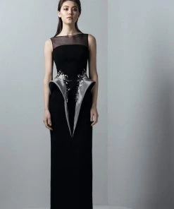 Saiid Kobeisy - 3379 Embellished Sheer Bateau Column Dress Formal Gowns